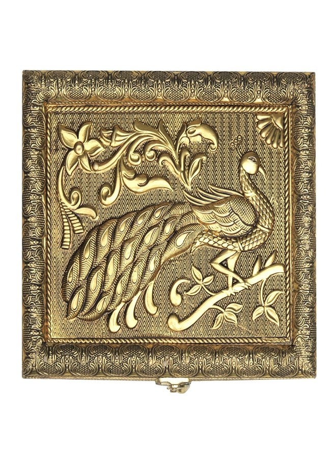 KWIZEAN Wooden Coated Brass Dry Fruit Box with Peacock Design | Decorative Storage Box for Dry Fruits, Sweets & Gifts | Golden Finish Gift Container - Image 1